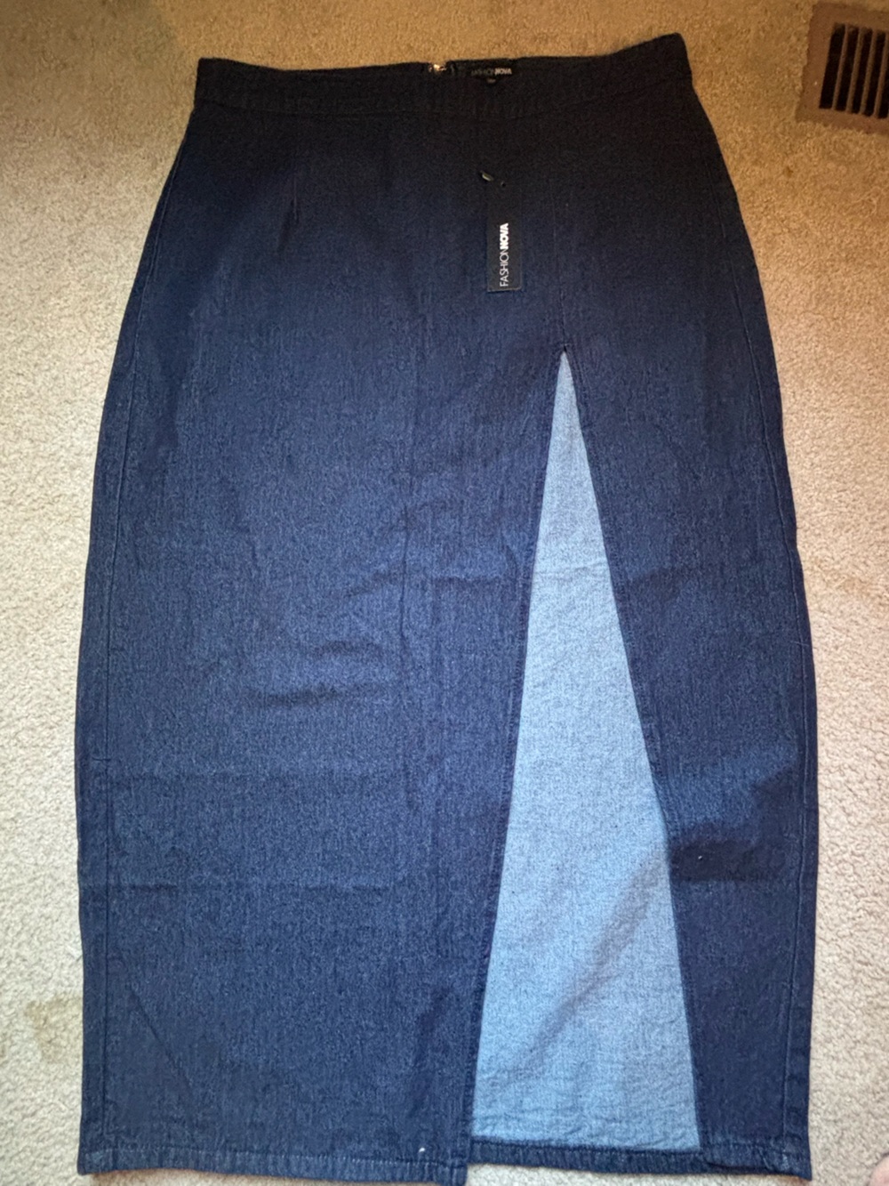 Fashion Nova Dark Blue Denim Midi Skirt with Front Slit